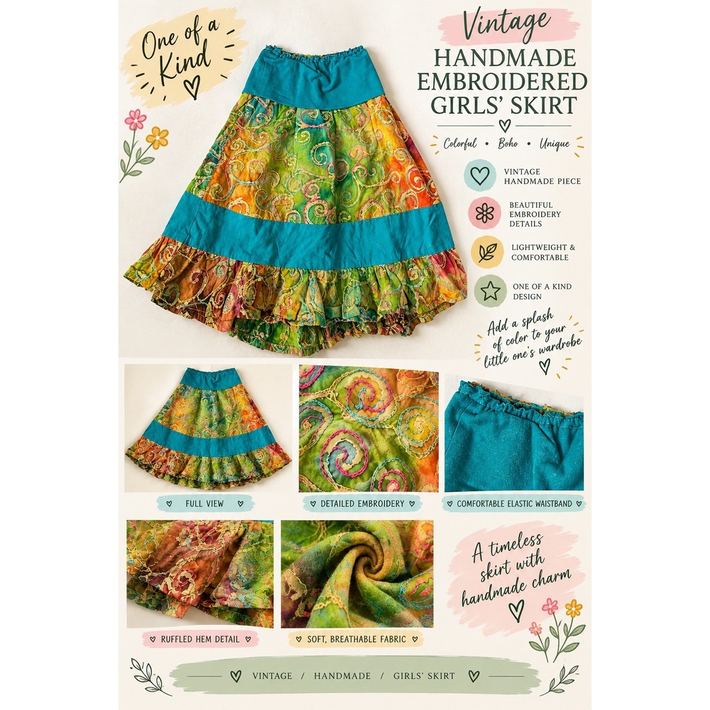 Vintage Handmade Girls Skirt Colorful Embroidered Boho Patchwork Ruffle